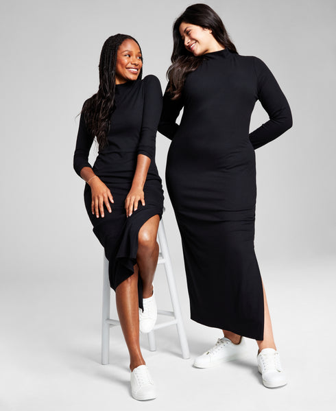 Plus Size Ribbed High-Neck Midi Bodycon Dress